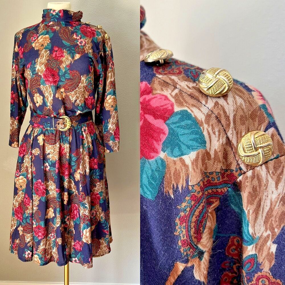 vtg 80s floral blue tan red knit dress floral full‎ skirt gold belted medium 12